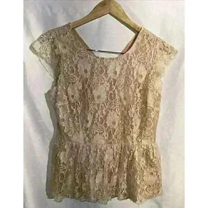 Anthropologie Maeve Katrine Lace Shimmer Peplum Top Blush/Ivory Cream Medium